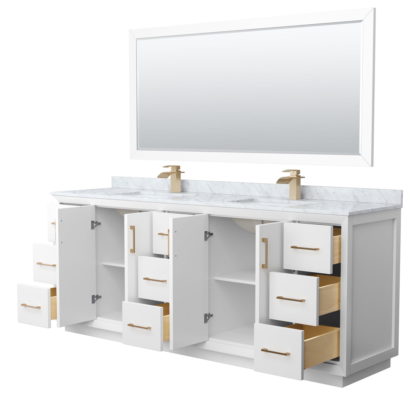 Strada 84 Inch Double Bathroom Vanity in White, White Carrara Marble Countertop, Undermount Square Sink, Satin Bronze Trim, 70 Inch Mirror