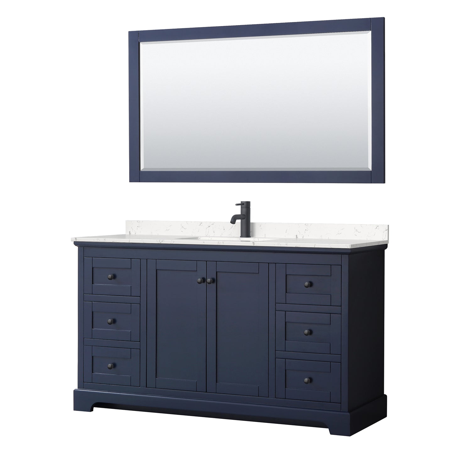 Avery 60 Inch Single Bathroom Vanity in Dark Blue, Carrara Cultured Marble Countertop, Undermount Square Sink, Matte Black Trim, 58 Inch Mirror