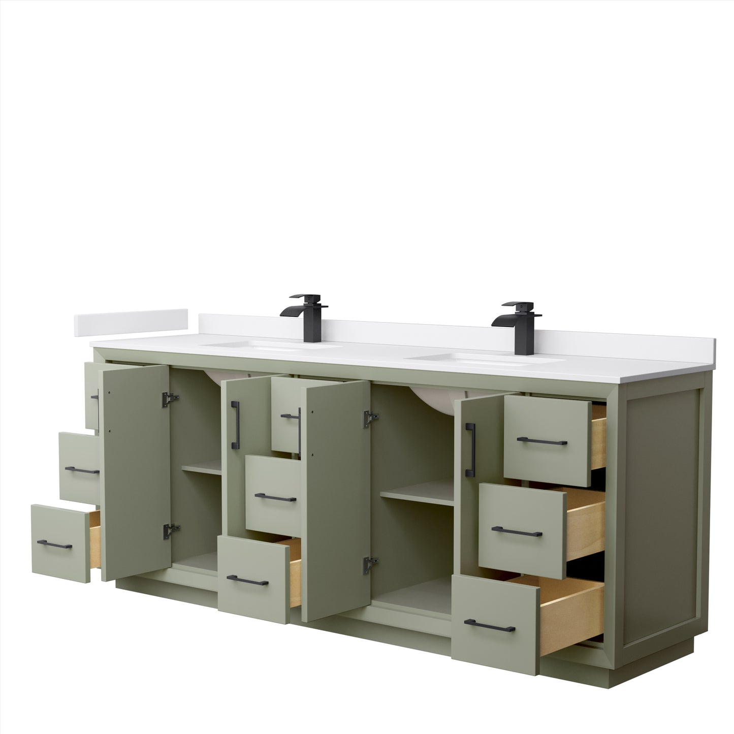 Strada 84 Inch Double Bathroom Vanity in Light Green, White Cultured Marble Countertop, Undermount Square Sinks, Matte Black Trim