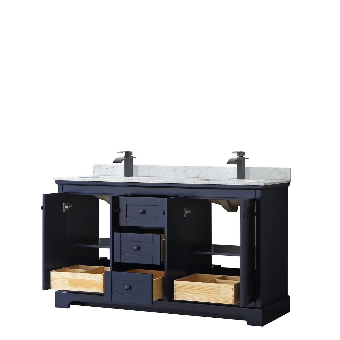 Avery 60 Inch Double Bathroom Vanity in Dark Blue, White Carrara Marble Countertop, Undermount Square Sinks, Matte Black Trim