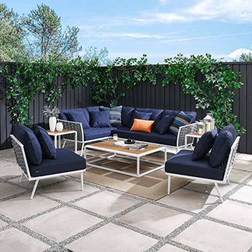 Modway Stance 9 Piece Outdoor Patio Aluminum Sofa Set in White Navy Sectional