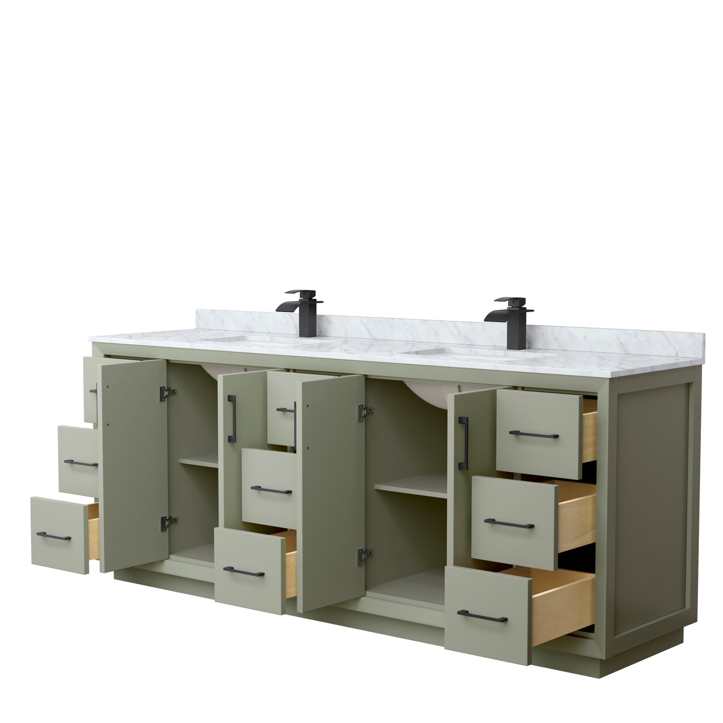 Strada 84 Inch Double Bathroom Vanity in Light Green, White Carrara Marble Countertop, Undermount Square Sinks, Matte Black Trim