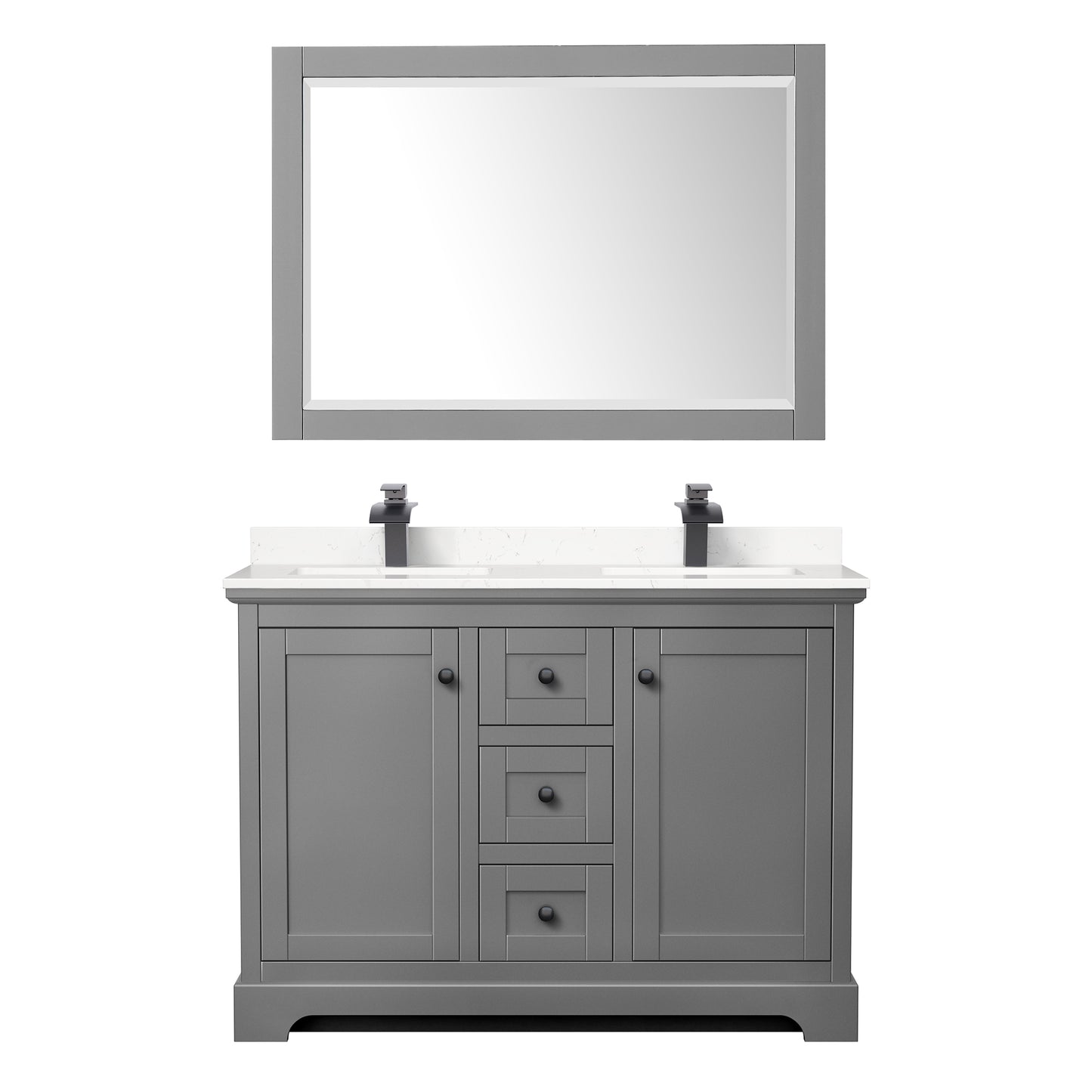 Avery 48 Inch Double Bathroom Vanity in Dark Gray, Carrara Cultured Marble Countertop, Undermount Square Sinks, Matte Black Trim, 46 Inch Mirror