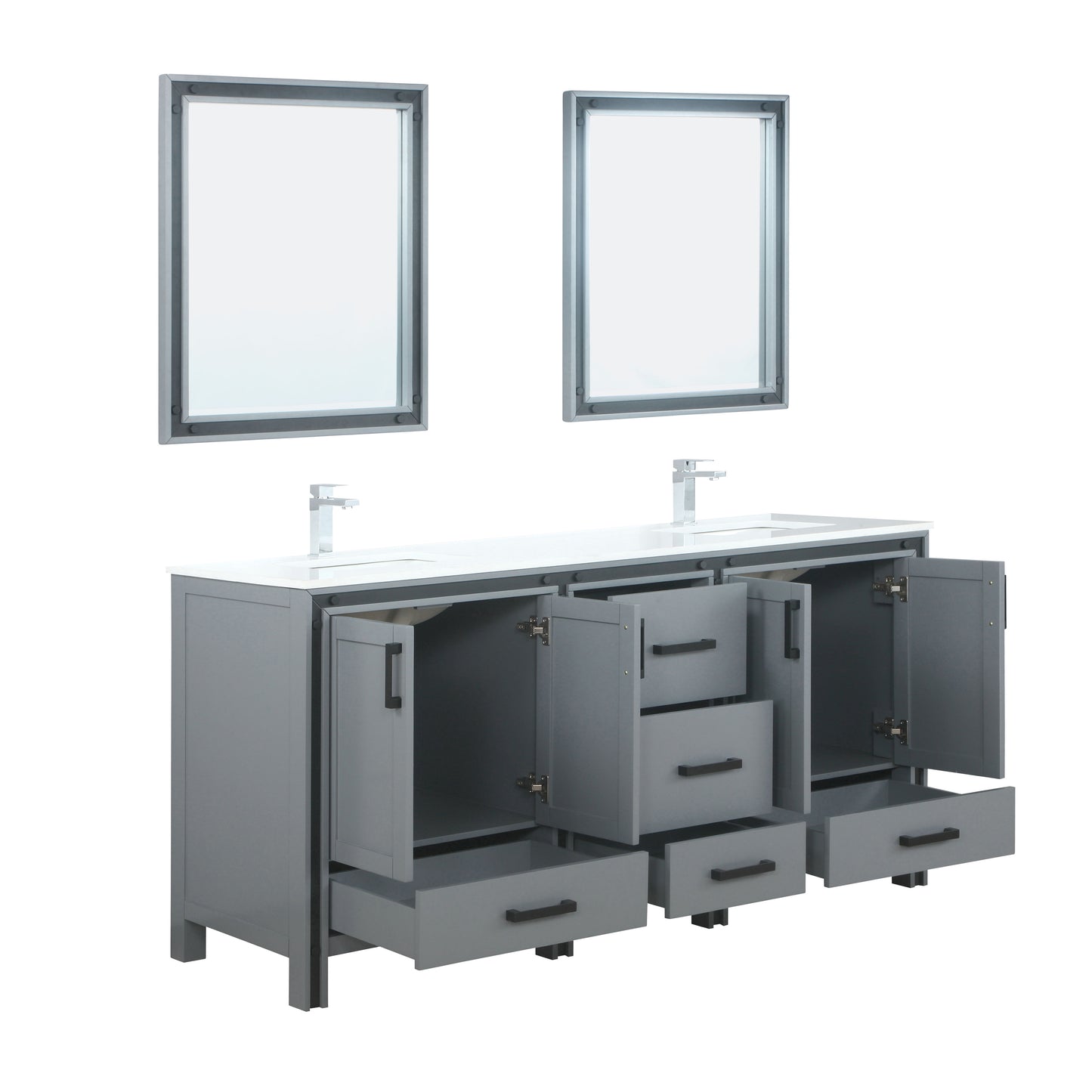 Ziva 72" Dark Grey Double Vanity, Cultured Marble Top, White Square Sink and 30" Mirrors w/ Faucet