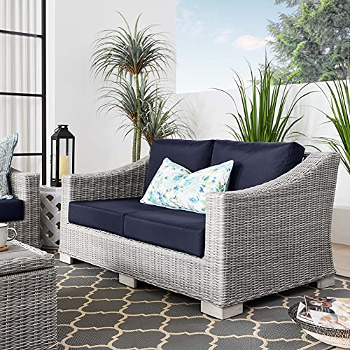 Modway Conway Outdoor Patio Wicker Rattan Loveseat, Light Gray Navy