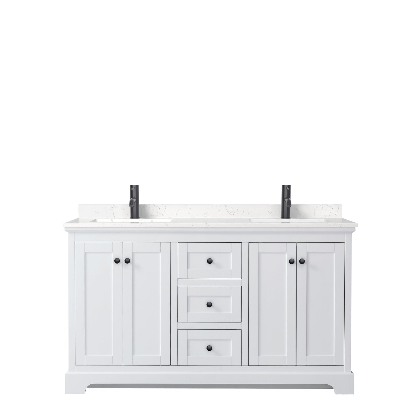 Avery 60 Inch Double Bathroom Vanity in White, Carrara Cultured Marble Countertop, Undermount Square Sinks, Matte Black Trim