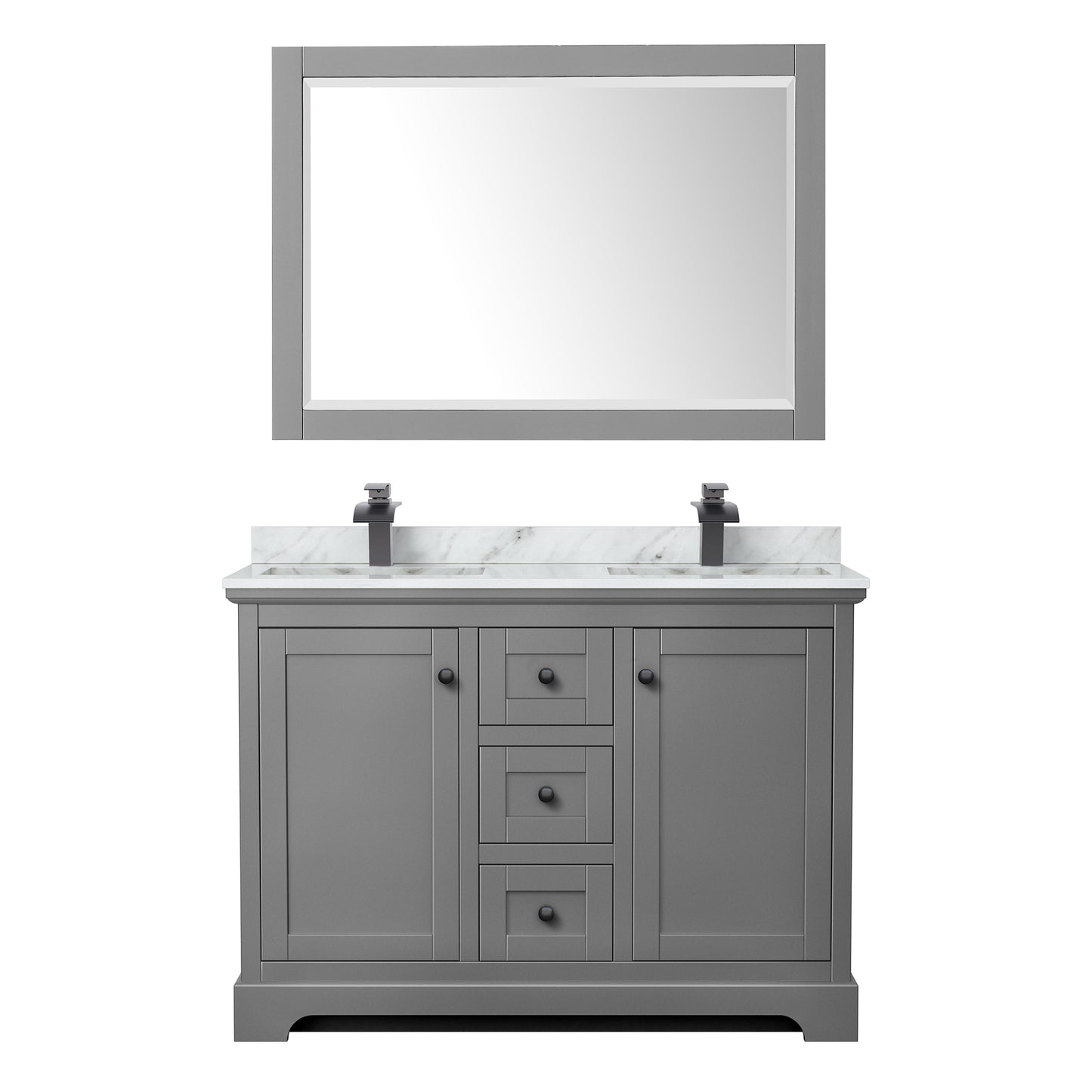 Avery 48 Inch Double Bathroom Vanity in Dark Gray, White Carrara Marble Countertop, Undermount Square Sinks, Matte Black Trim, 46 Inch Mirror
