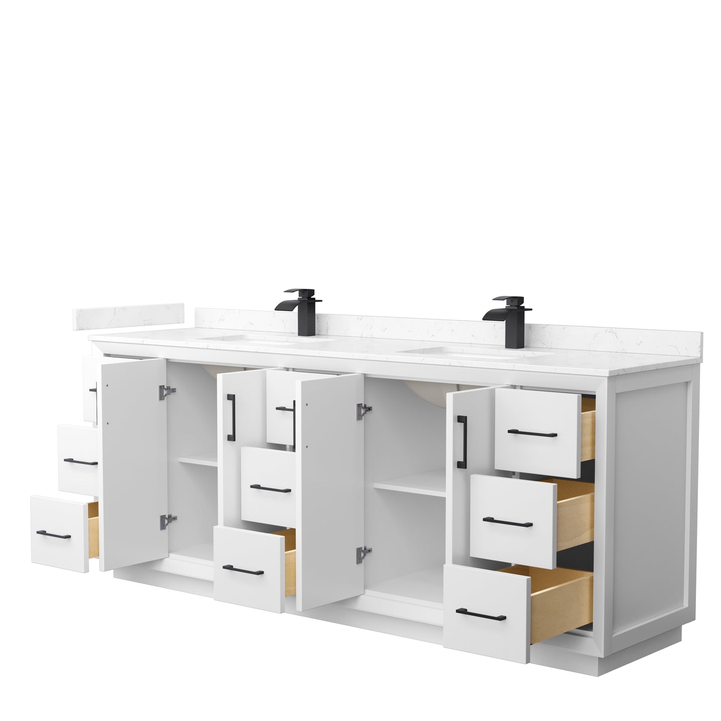 Strada 84 Inch Double Bathroom Vanity in White, Carrara Cultured Marble Countertop, Undermount Square Sink, Matte Black Trim