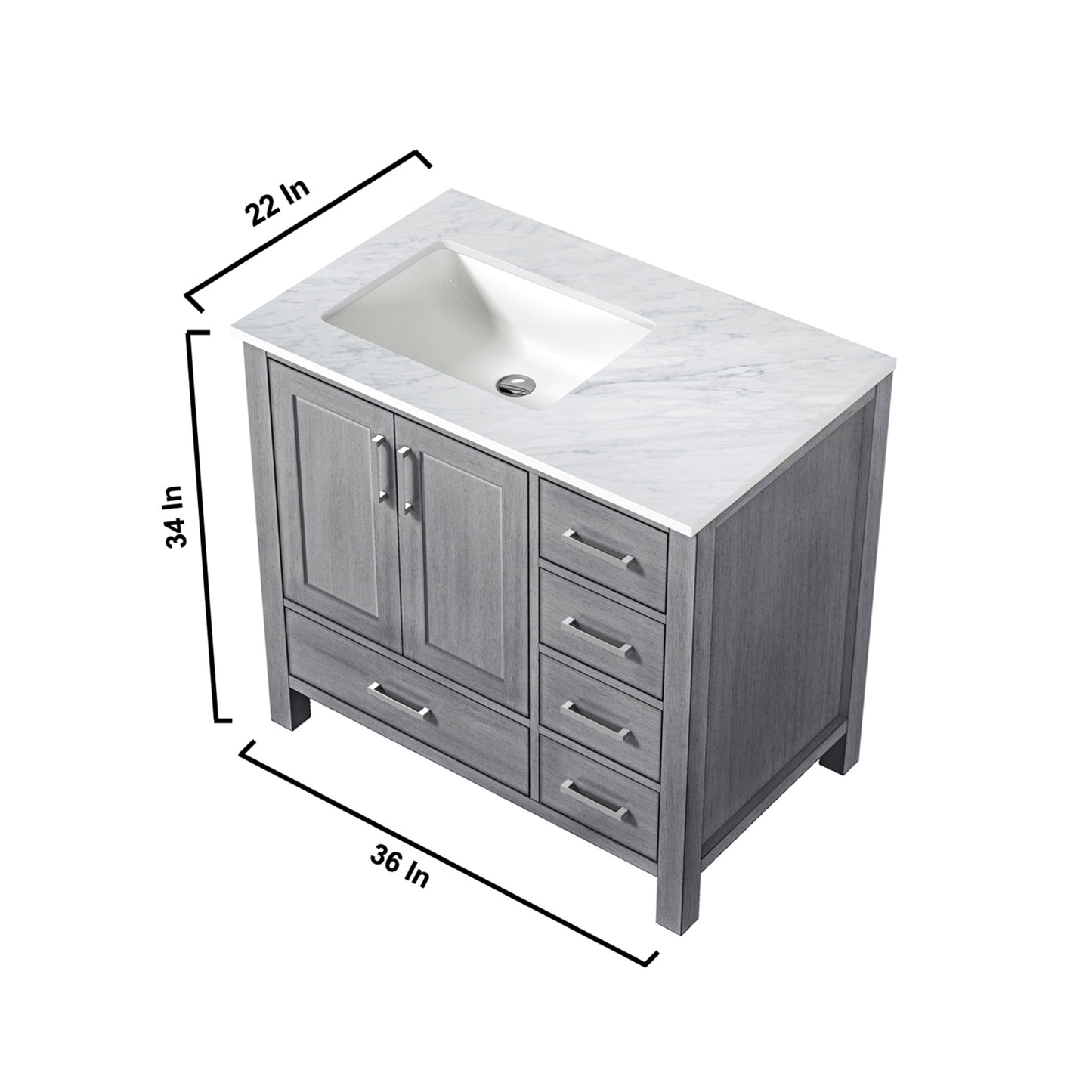 Jacques 36" Distressed Grey Single Vanity, White Carrara Marble Top, White Square Sink and 34" Mirror - Left Version