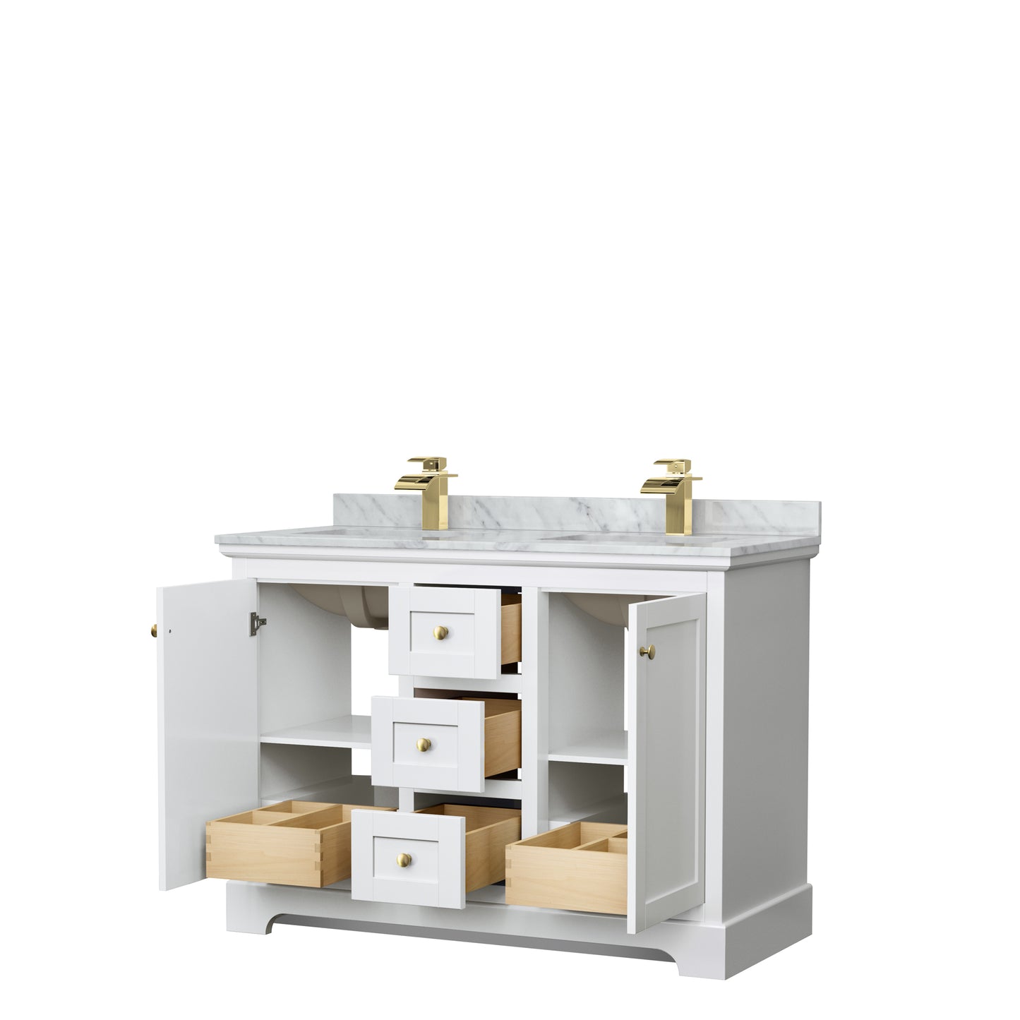 Avery 48 Inch Double Bathroom Vanity in White, White Carrara Marble Countertop, Undermount Square Sinks, Brushed Gold Trim