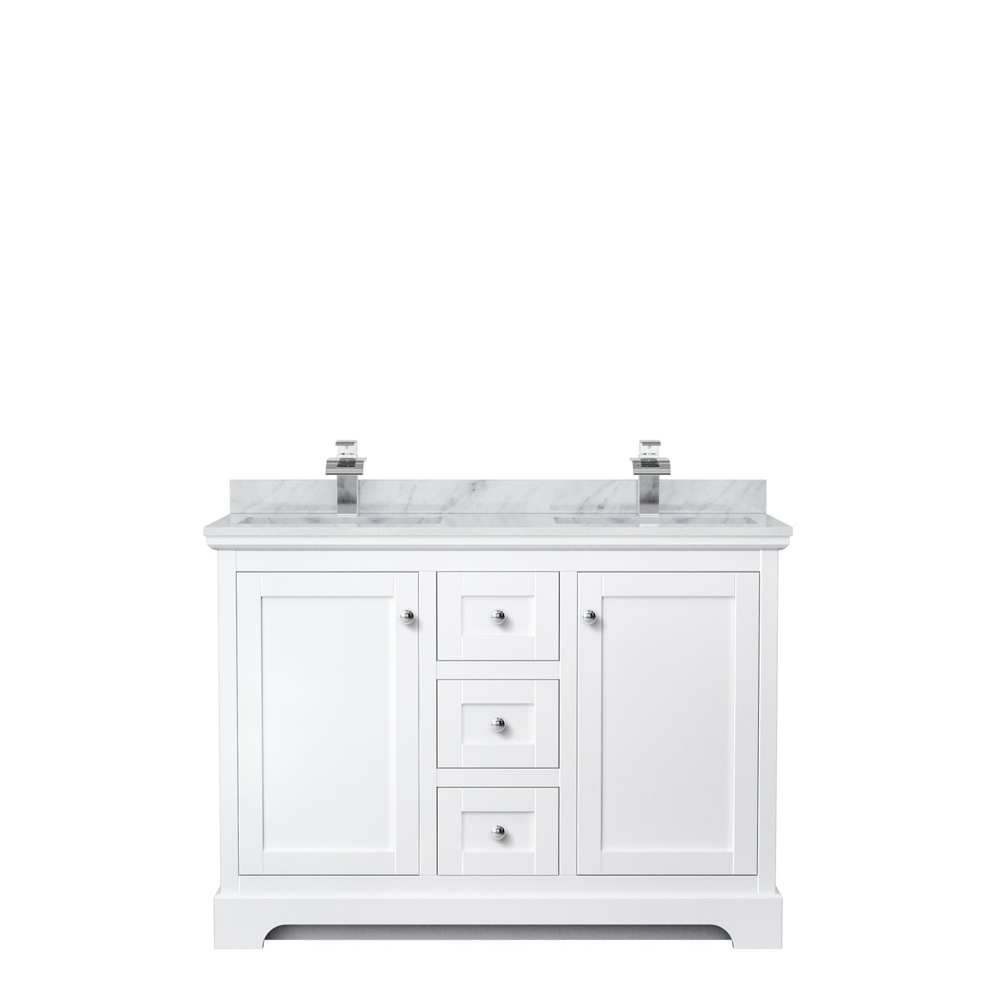 Avery 48 Inch Double Bathroom Vanity in White, White Carrara Marble Countertop, Undermount Square Sinks, No Mirror