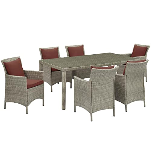 Modway Conduit 7-Piece Modern Rattan Outdoor Dining Set in Light Gray/Currant