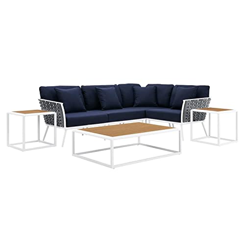 Modway Stance 7-Piece Modern Fabric/Aluminum Outdoor Sectional Sofa Set in Navy