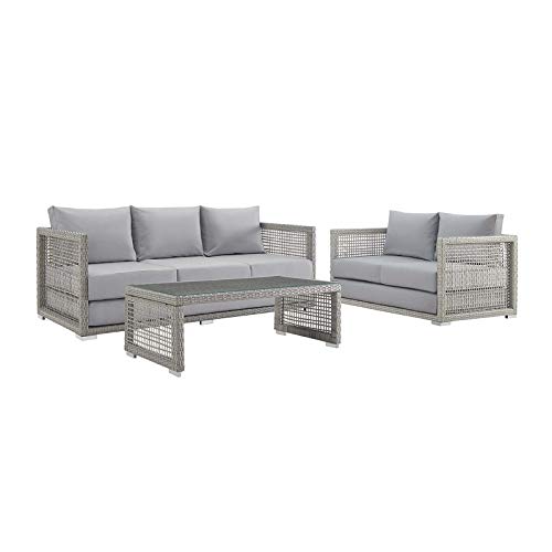 Modway EEI-3598-GRY-GRY-SET Aura Outdoor Patio Wicker Rattan, Sofa, Loveseat and Coffee Table, Gray Gray