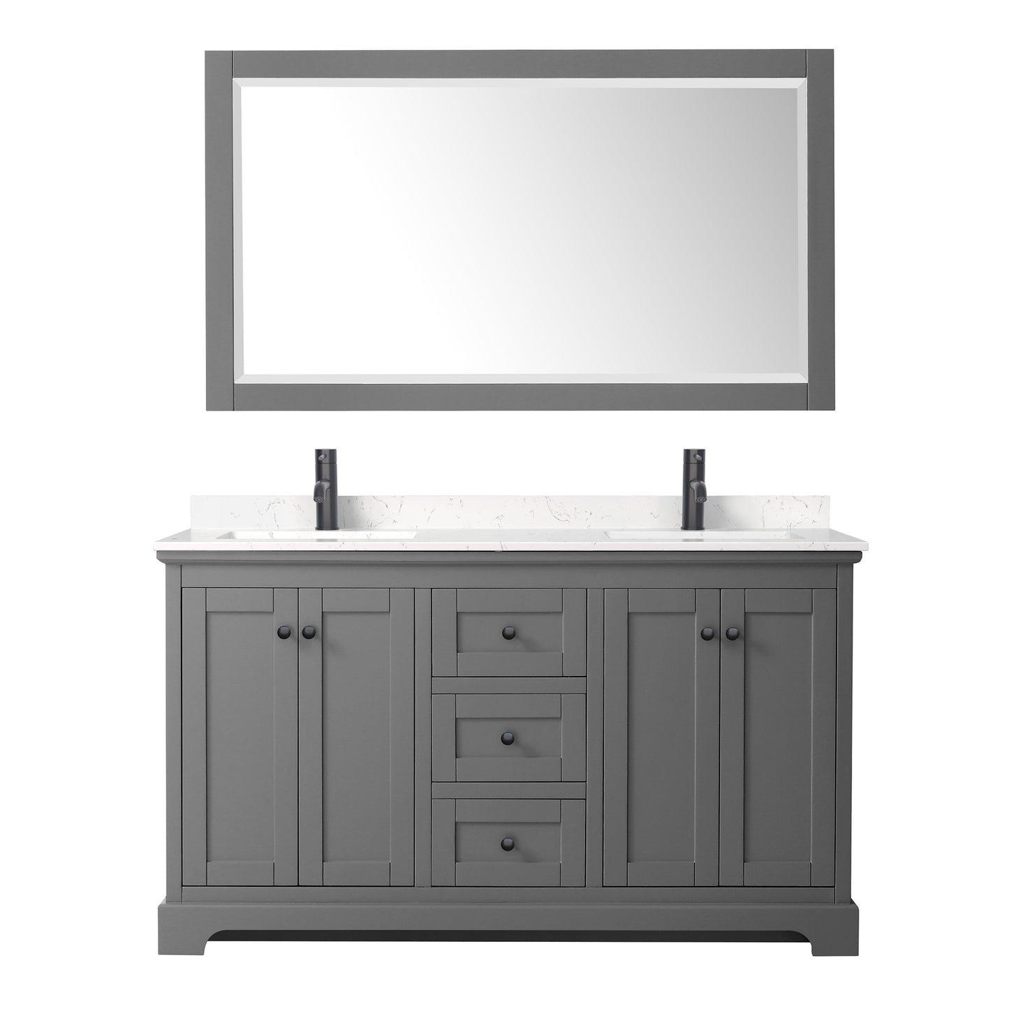 Avery 60 Inch Double Bathroom Vanity in Dark Gray, Carrara Cultured Marble Countertop, Undermount Square Sinks, Matte Black Trim, 58 Inch Mirror