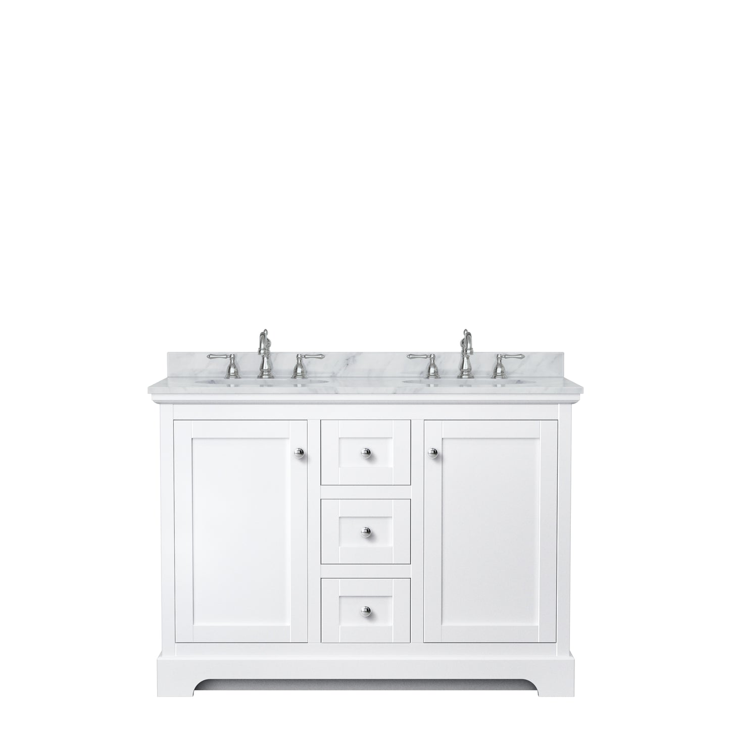 Avery 48 Inch Double Bathroom Vanity in White, White Carrara Marble Countertop, Undermount Oval Sinks, No Mirror