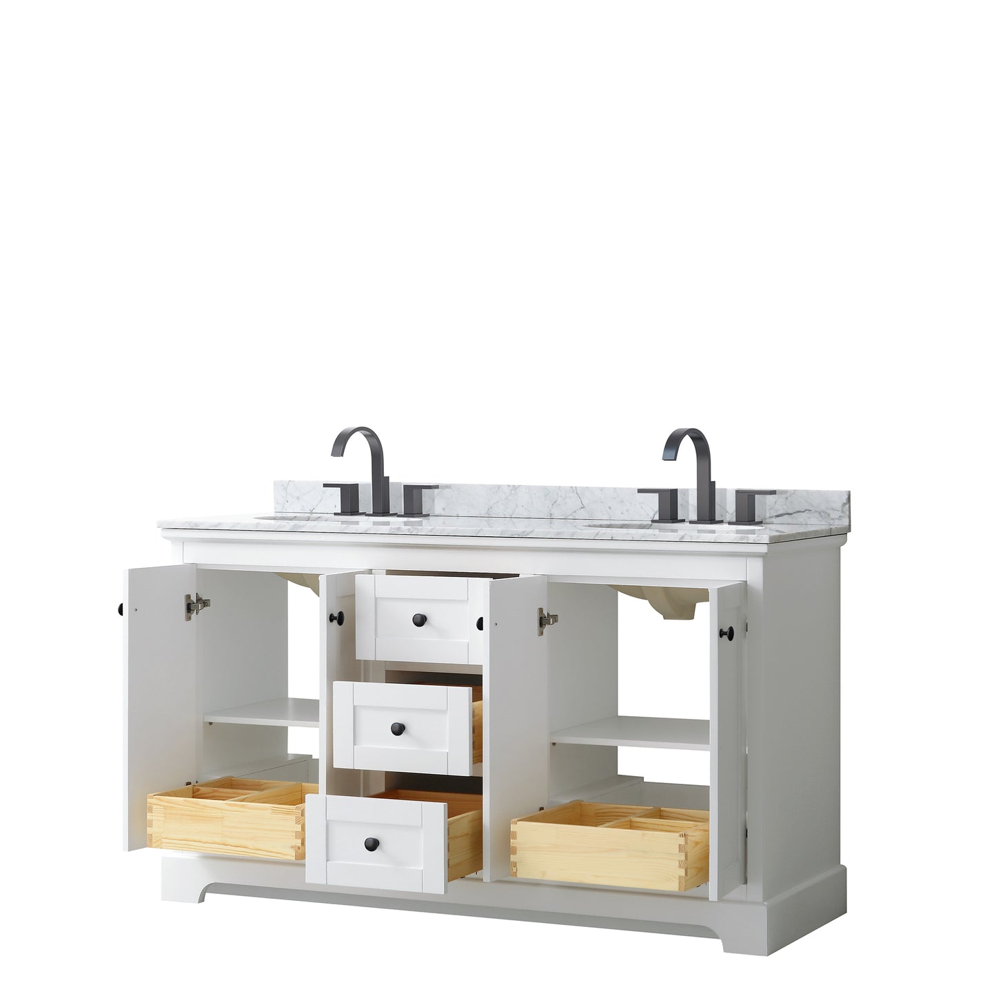 Avery 60 Inch Double Bathroom Vanity in White, White Carrara Marble Countertop, Undermount Oval Sinks, Matte Black Trim