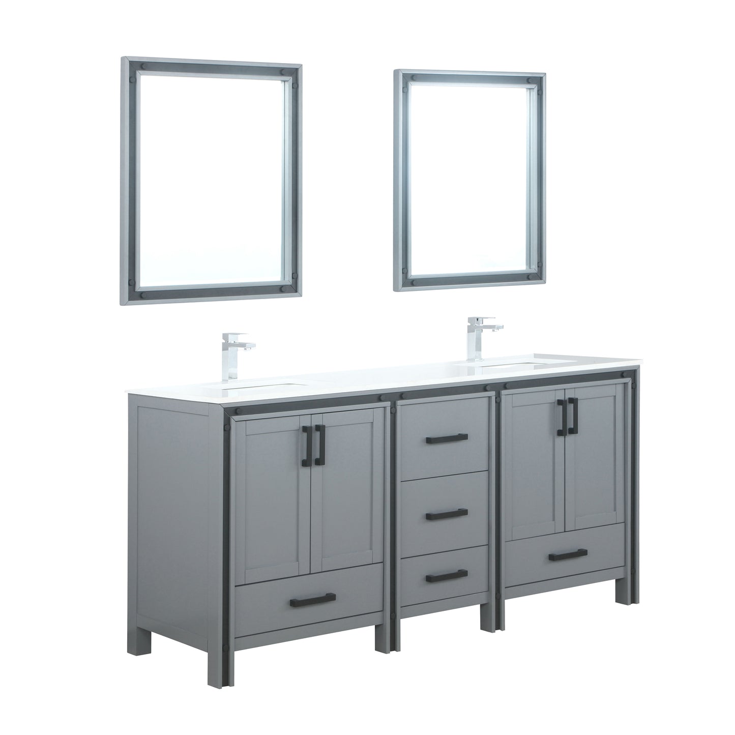 Ziva 72" Dark Grey Double Vanity, Cultured Marble Top, White Square Sink and 30" Mirrors w/ Faucet