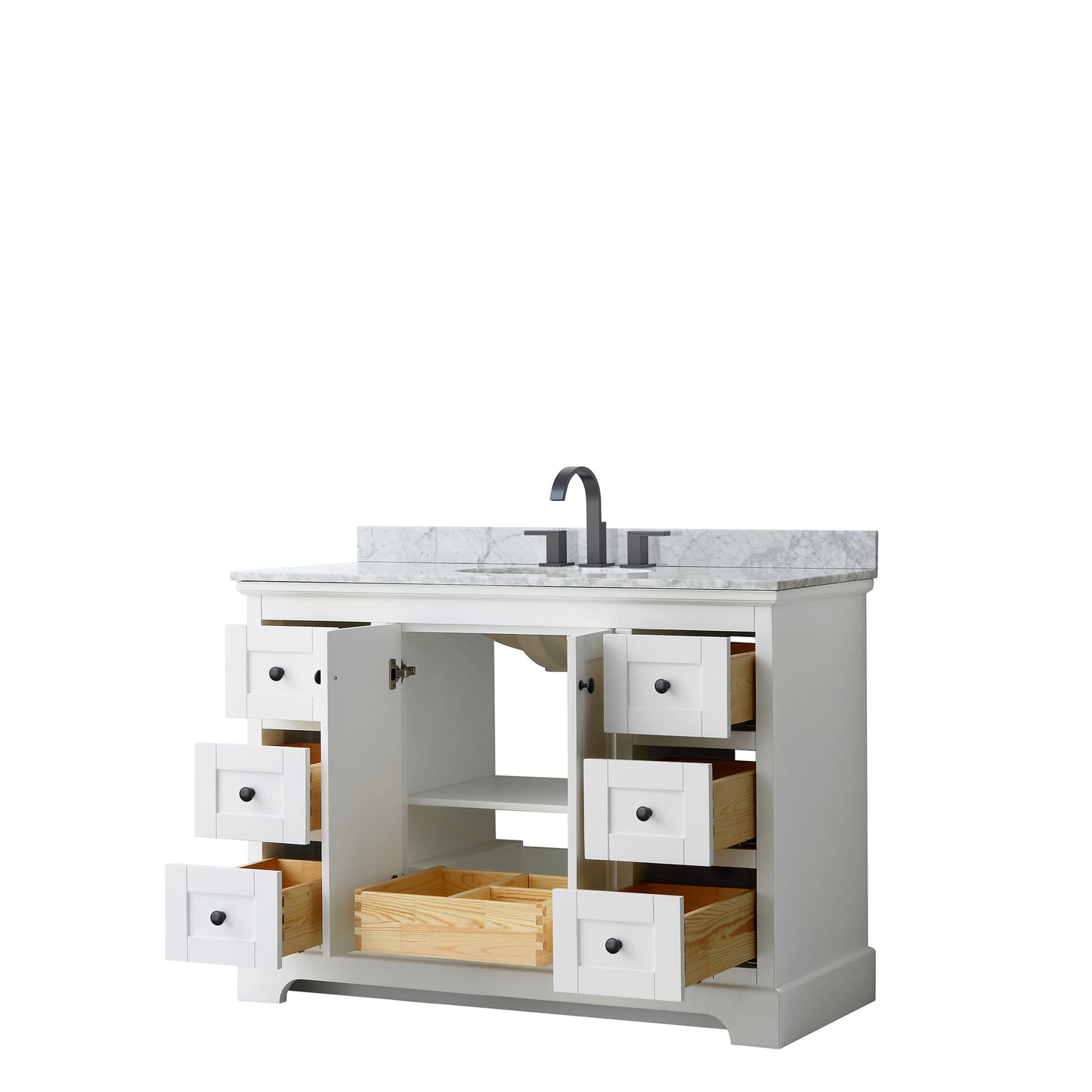 Avery 48 Inch Single Bathroom Vanity in White, White Carrara Marble Countertop, Undermount Oval Sink, Matte Black Trim