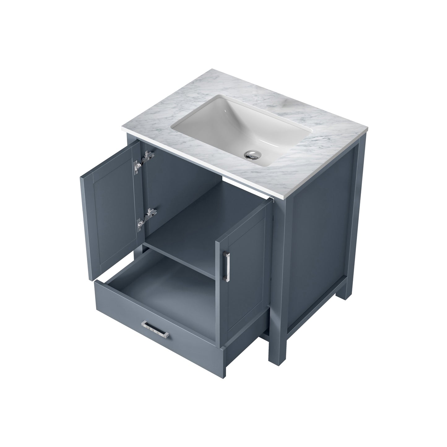Jacques 30" Dark Grey Single Vanity, White Carrara Marble Top, White Square Sink and no Mirror