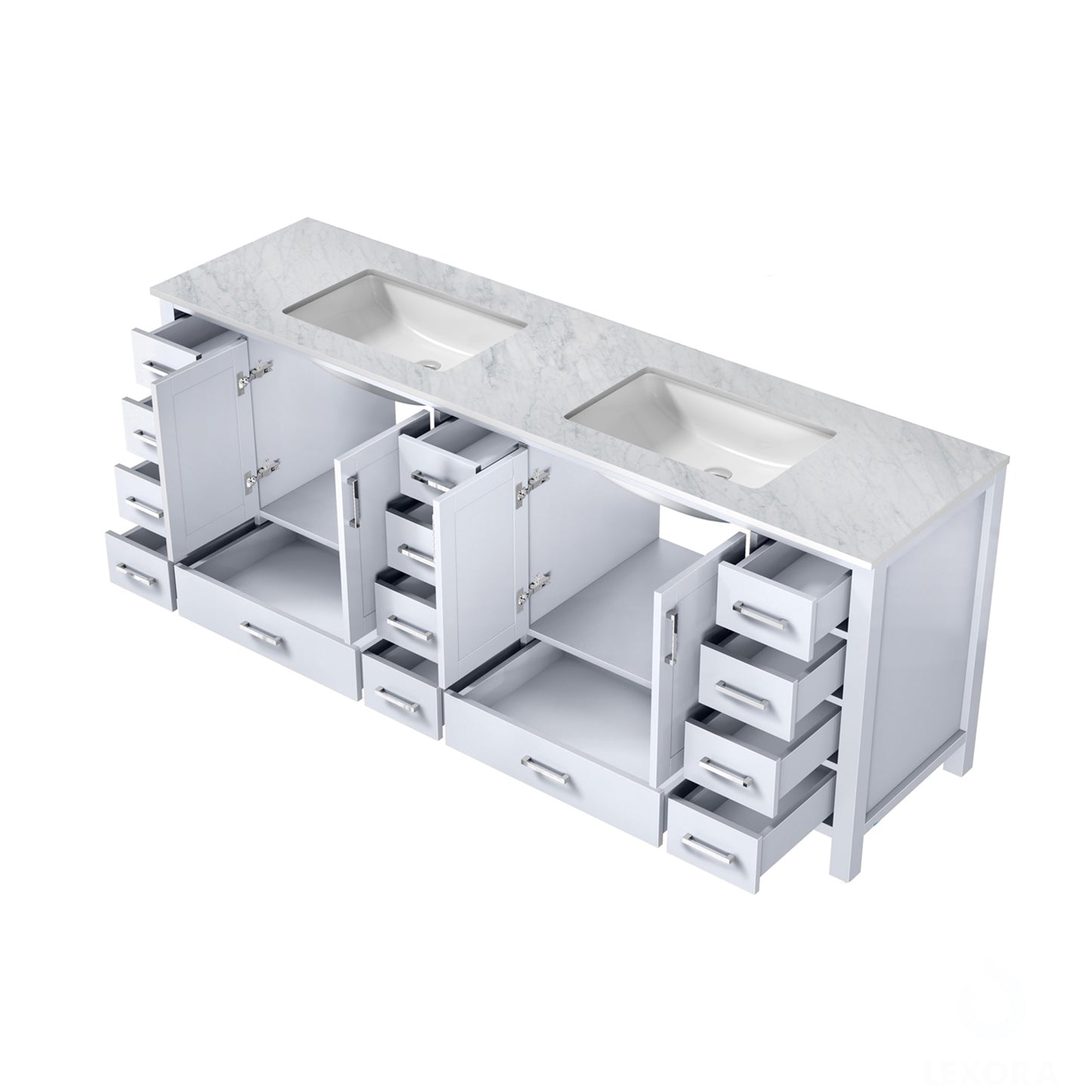 Jacques 84" White Double Vanity, White Carrara Marble Top, White Square Sinks and no Mirror