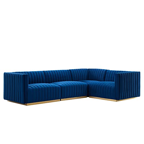 Modway Conjure 4-Piece Velvet and Stainless Steel Sectional in Gold/Navy
