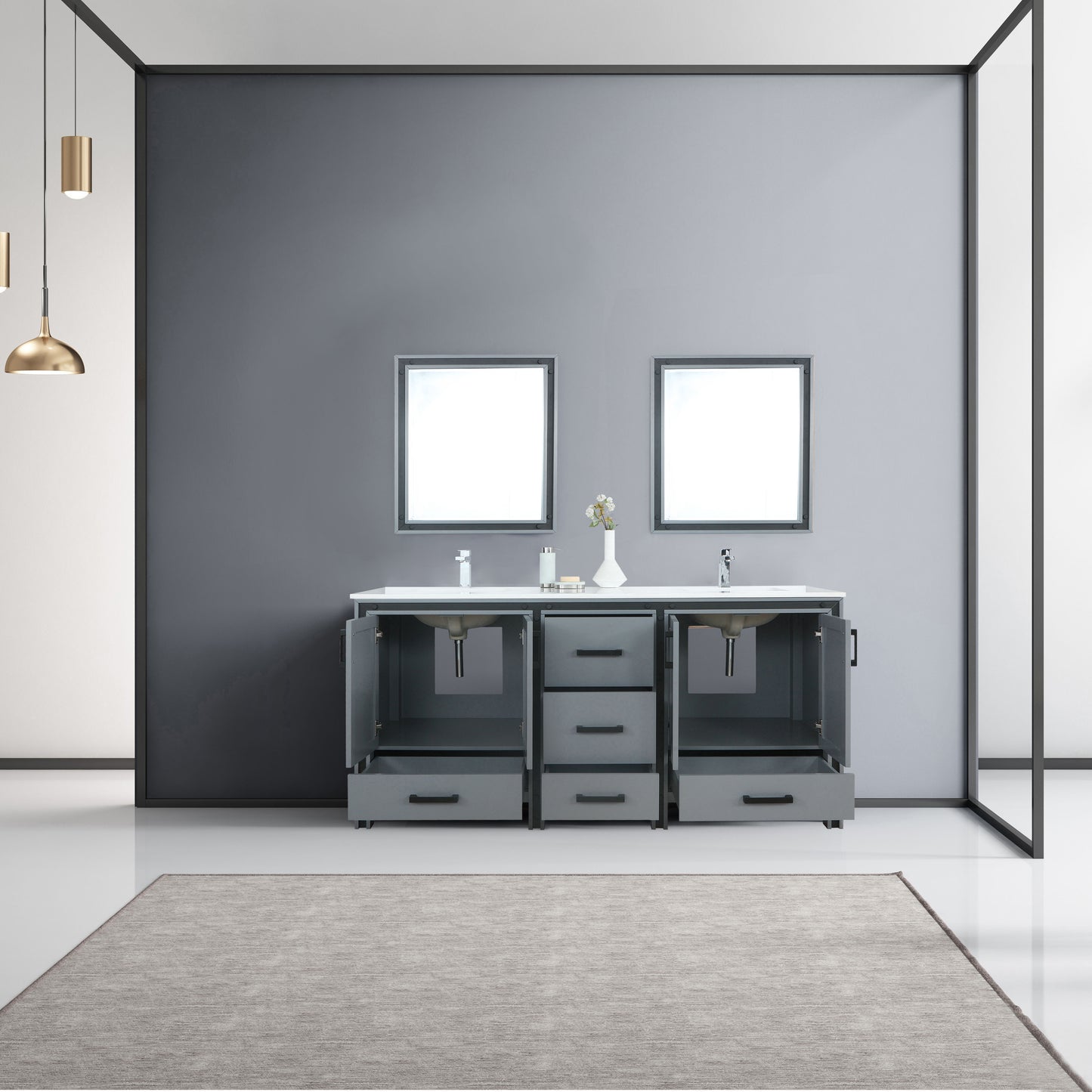 Ziva 72" Dark Grey Double Vanity, Cultured Marble Top, White Square Sink and 30" Mirrors w/ Faucet