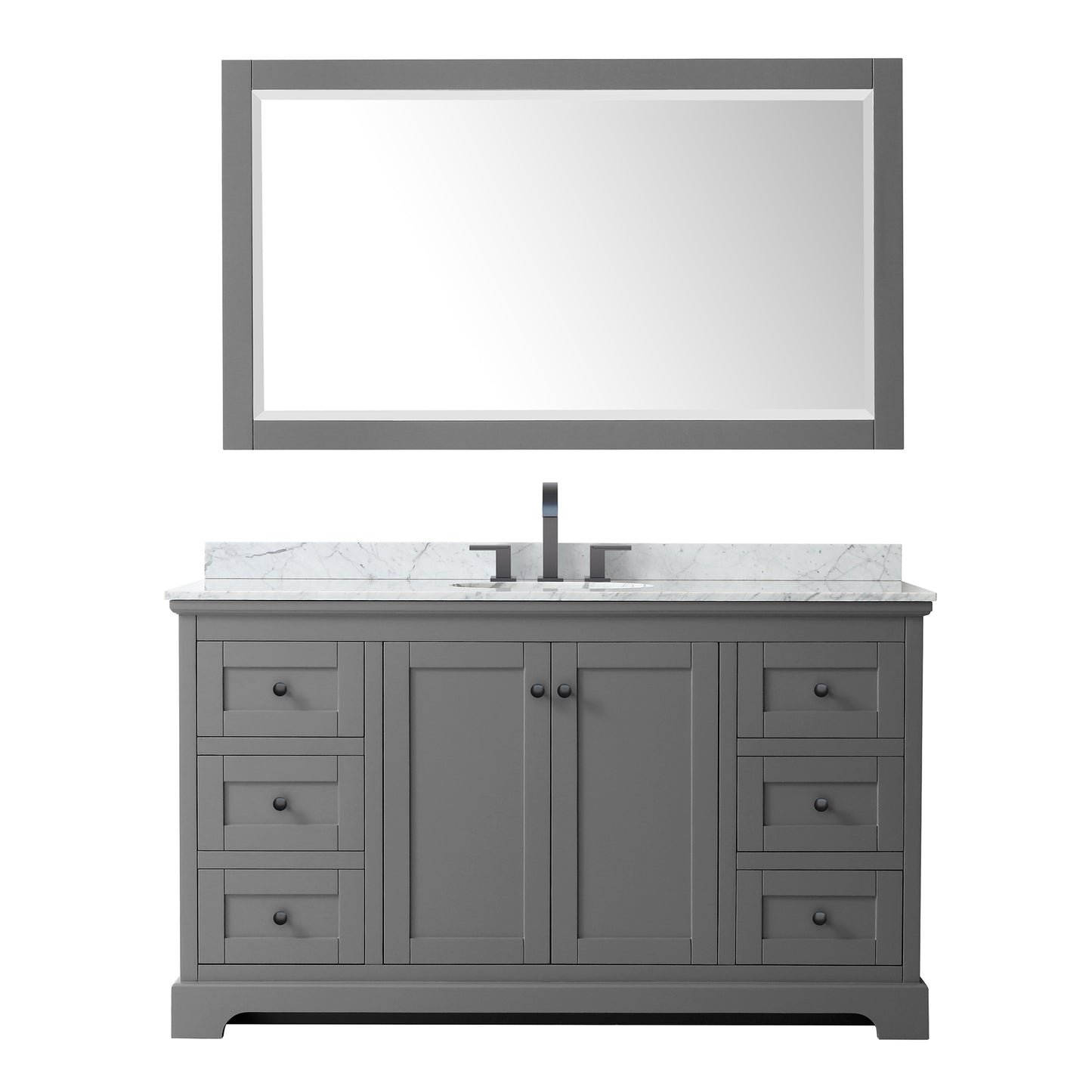 Avery 60 Inch Single Bathroom Vanity in Dark Gray, White Carrara Marble Countertop, Undermount Oval Sink, Matte Black Trim, 58 Inch Mirror
