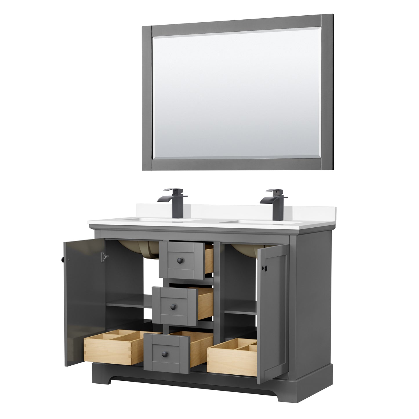 Avery 48 Inch Double Bathroom Vanity in Dark Gray, White Cultured Marble Countertop, Undermount Square Sinks, Matte Black Trim, 46 Inch Mirror