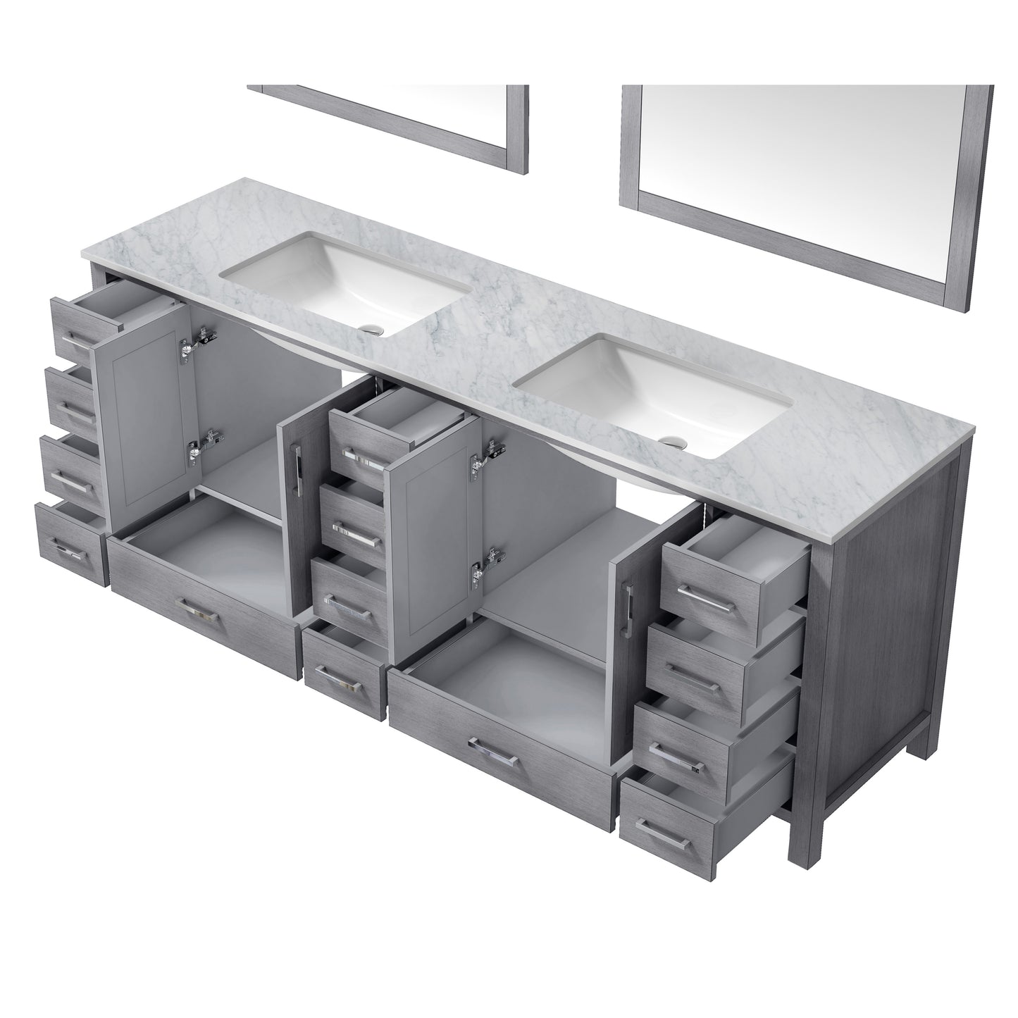 Jacques 84" Distressed Grey Double Vanity, White Carrara Marble Top, White Square Sinks and 34" Mirrors