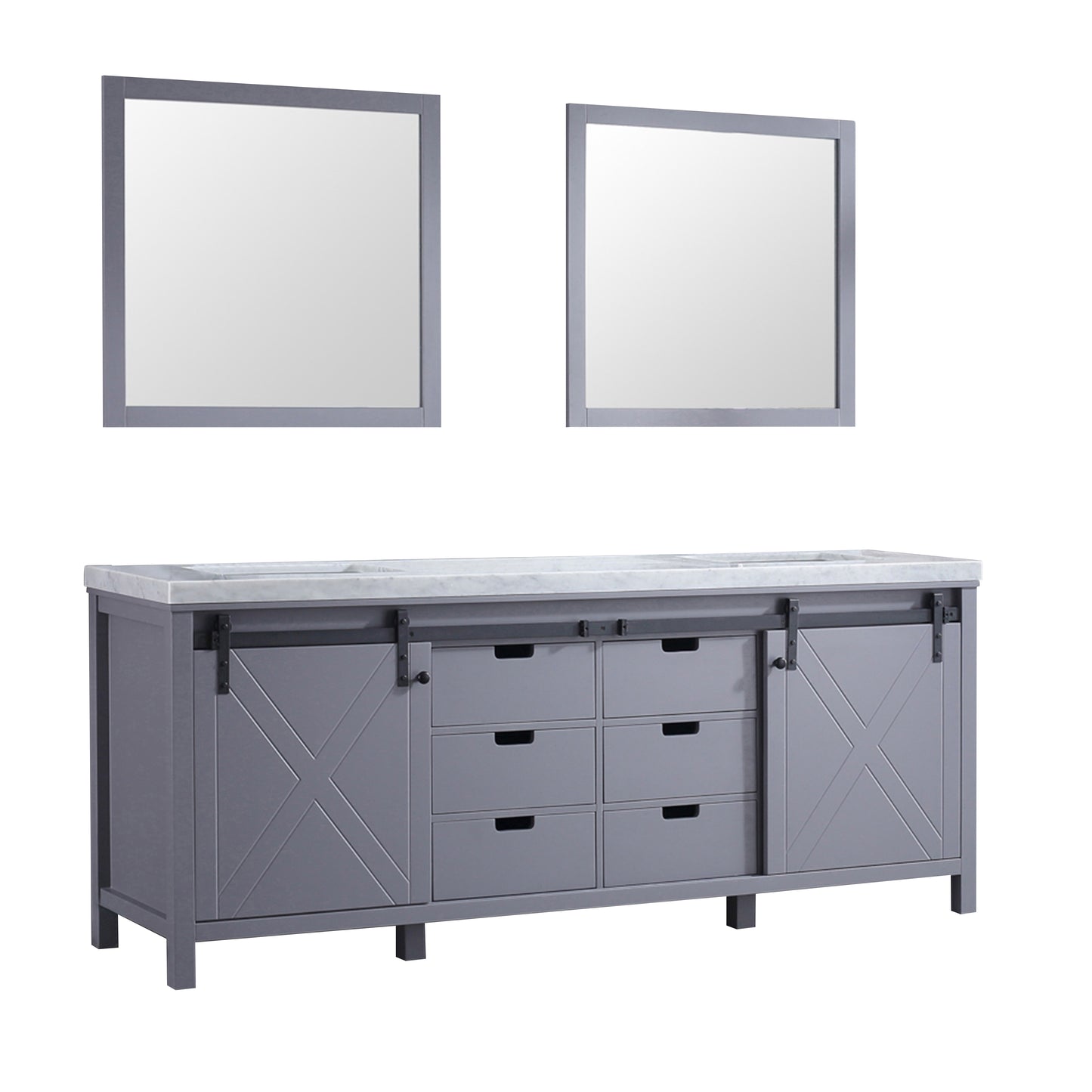 Marsyas 84" Dark Grey Double Vanity, White Carrara Marble Top, White Square Sinks and 34" Mirrors