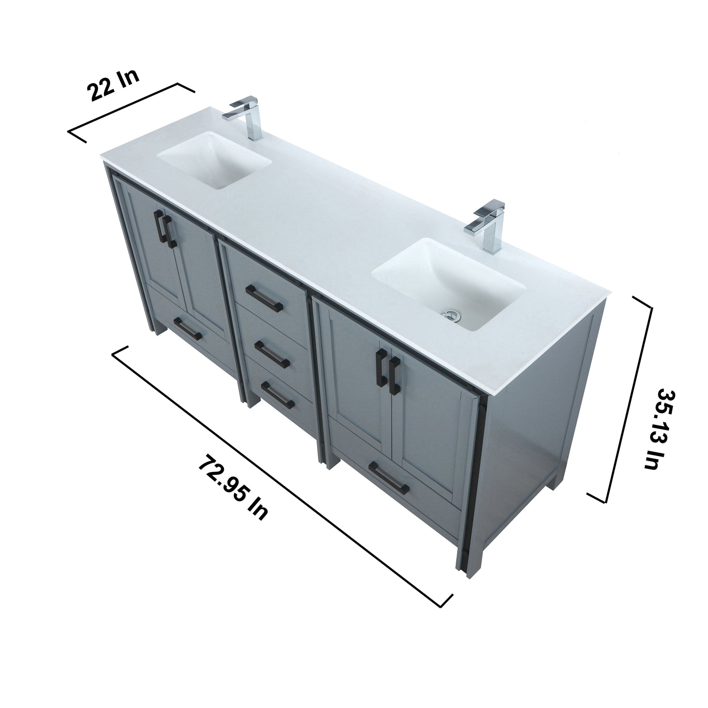 Ziva 72" Dark Grey Double Vanity, Cultured Marble Top, White Square Sink and 30" Mirrors w/ Faucet