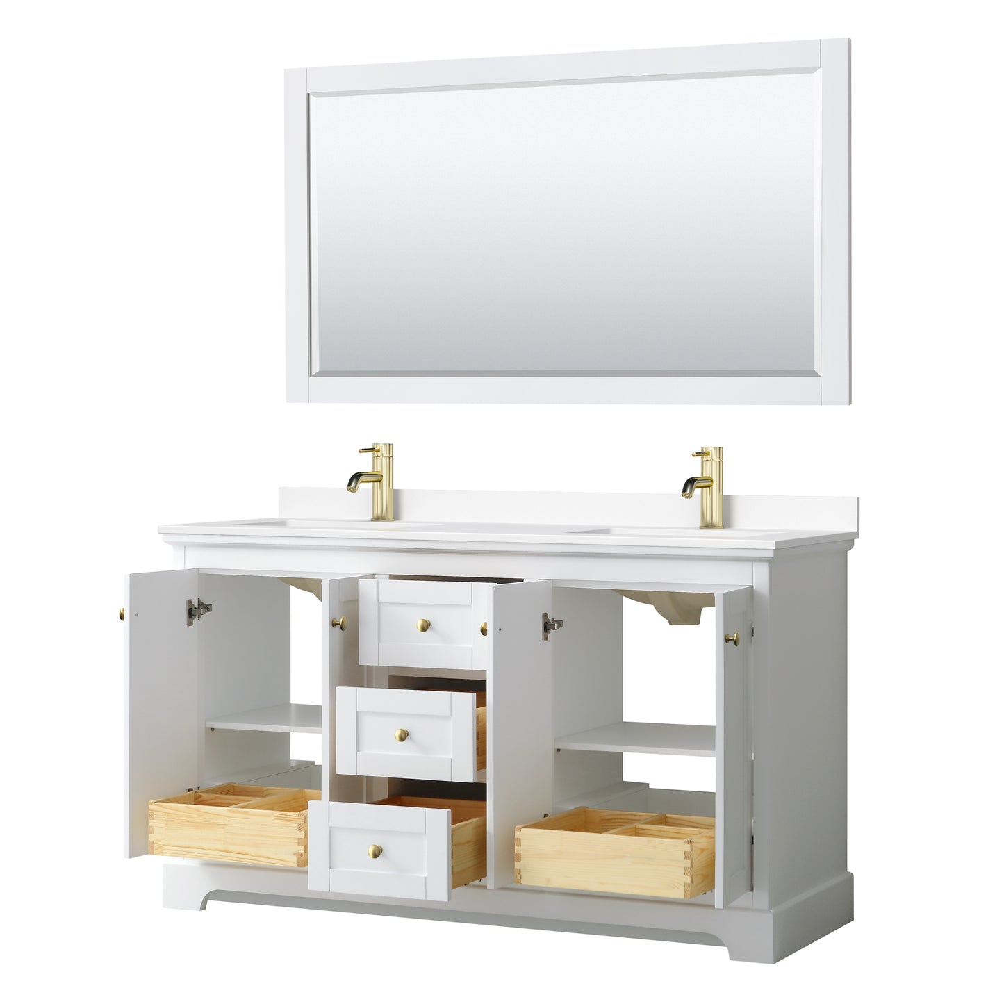 Avery 60 Inch Double Bathroom Vanity in White, White Cultured Marble Countertop, Undermount Square Sinks, 58 Inch Mirror, Brushed Gold Trim