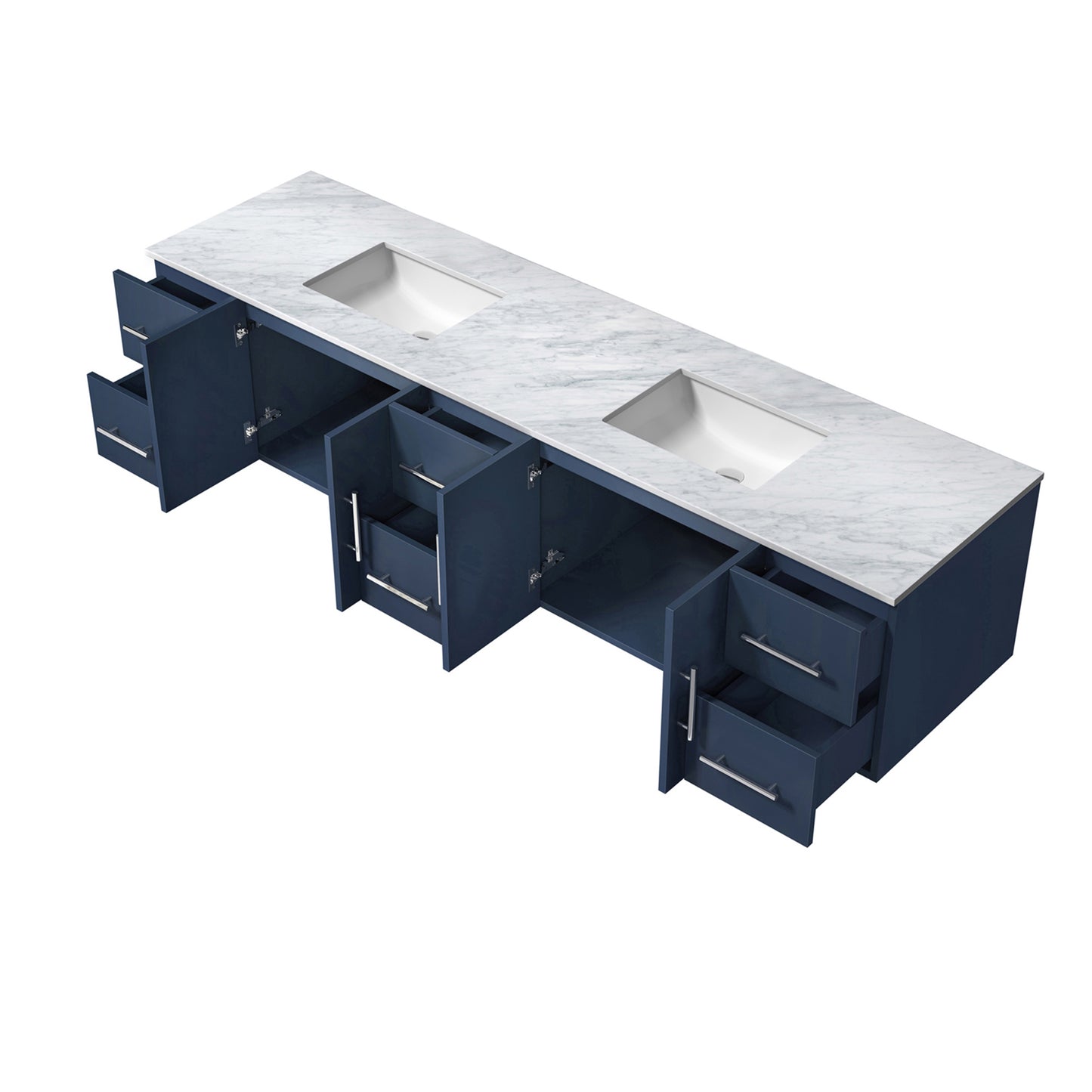 Geneva 84" Navy Blue Double Vanity, White Carrara Marble Top, White Square Sinks and 36" LED Mirrors
