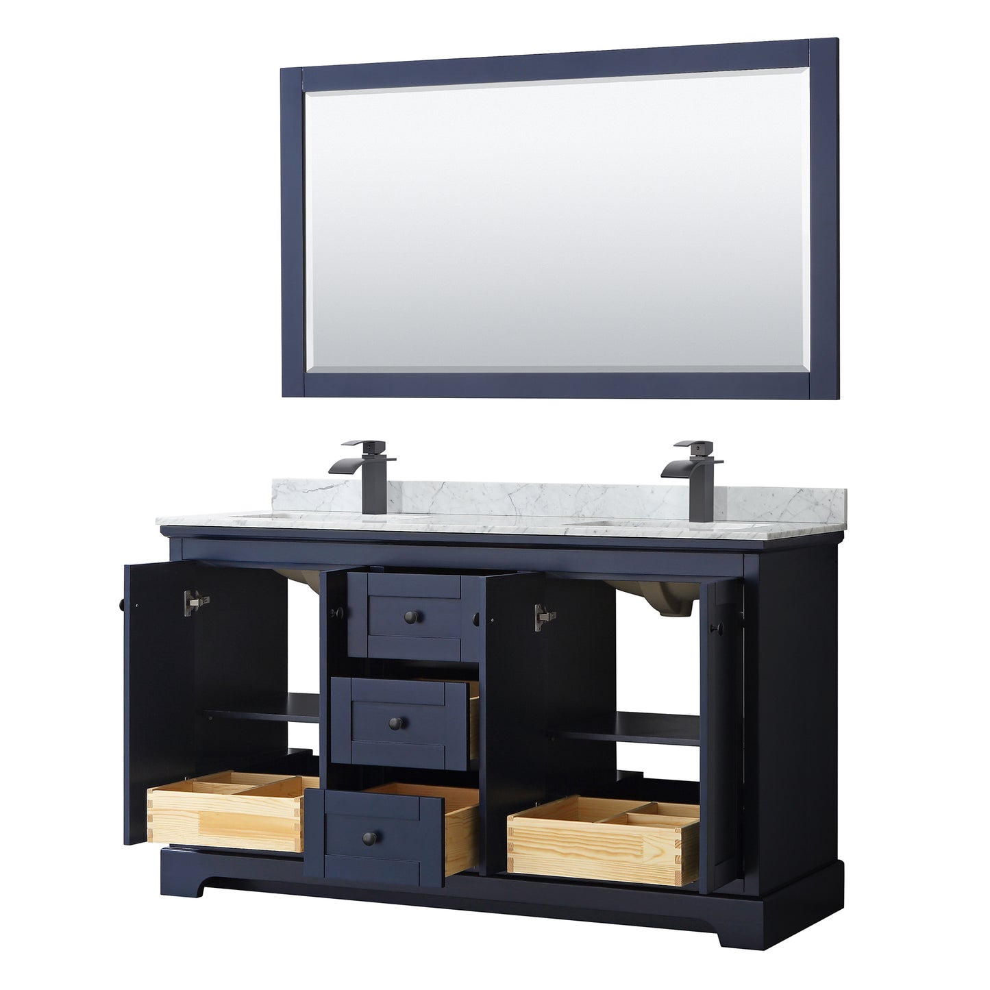 Avery 60 Inch Double Bathroom Vanity in Dark Blue, White Carrara Marble Countertop, Undermount Square Sinks, Matte Black Trim, 58 Inch Mirror