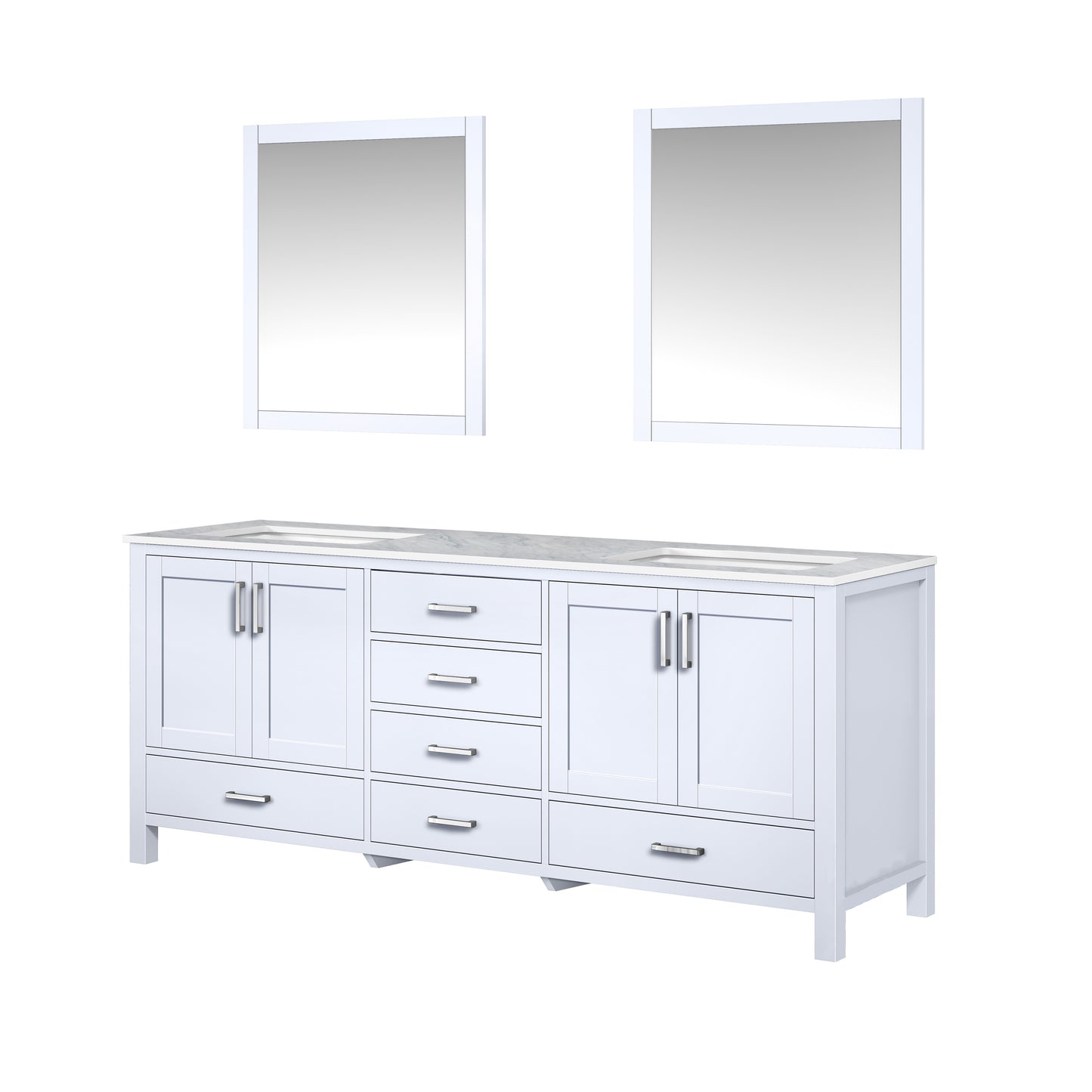Jacques 80" White Double Vanity, White Carrara Marble Top, White Square Sinks and 30" Mirrors