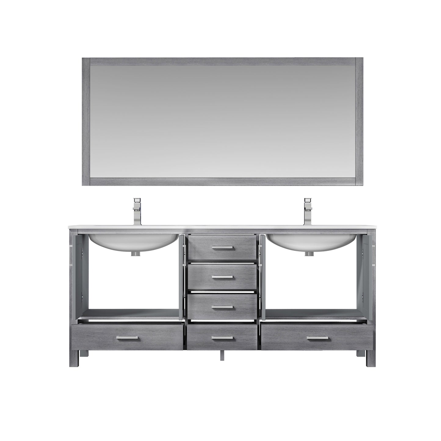 Jacques 72" Distressed Grey Double Vanity, White Quartz Top, White Square Sinks and 70" Mirror