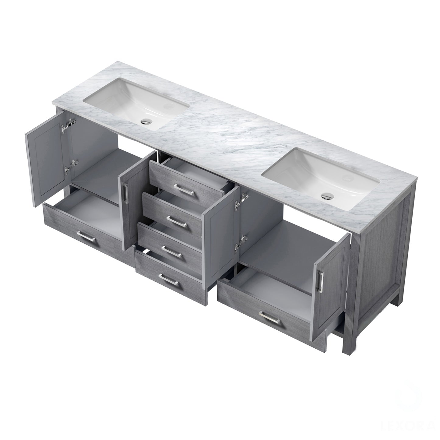 Jacques 80" Distressed Grey Double Vanity, White Carrara Marble Top, White Square Sinks and no Mirror