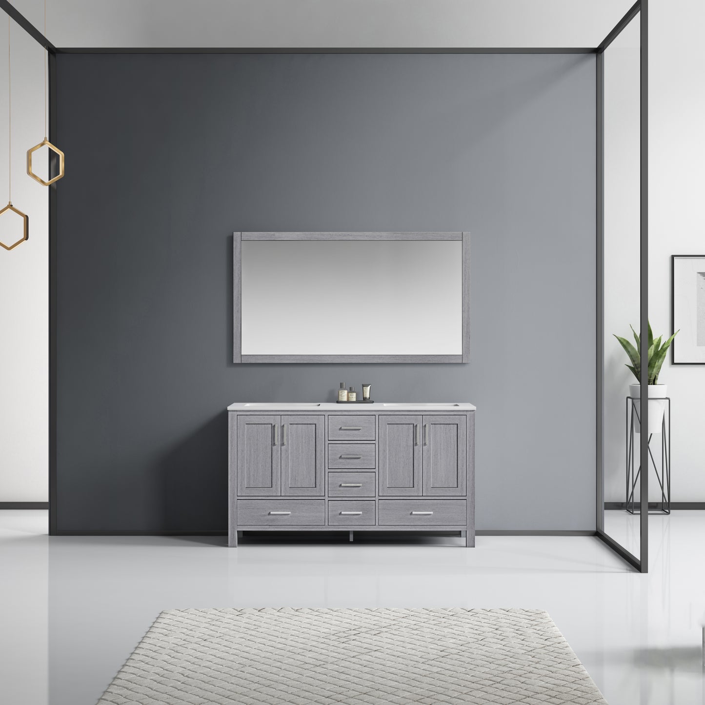 Jacques 60" Distressed Grey Double Vanity, White Quartz Top, White Square Sinks and 58" Mirror w/ Faucets