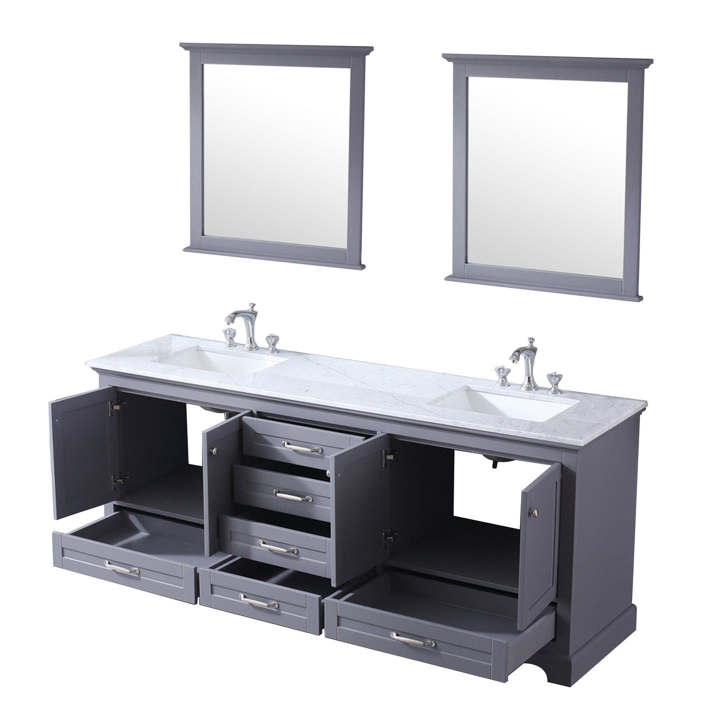 Dukes 80" Dark Grey Double Vanity, White Carrara Marble Top, White Square Sinks and 30" Mirrors w/ Faucets