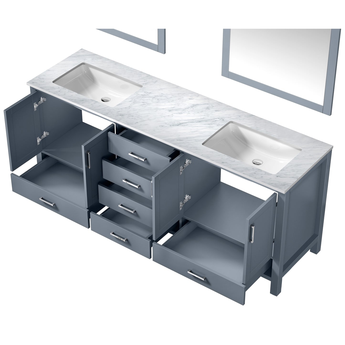 Jacques 80" Dark Grey Double Vanity, White Carrara Marble Top, White Square Sinks and 30" Mirrors