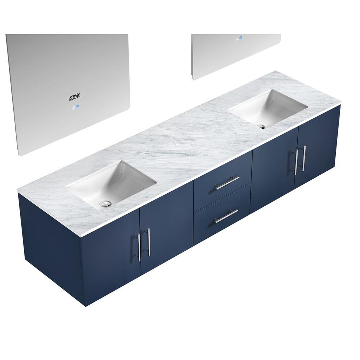 Geneva 80" Navy Blue Double Vanity, White Carrara Marble Top, White Square Sinks and 30" LED Mirrors