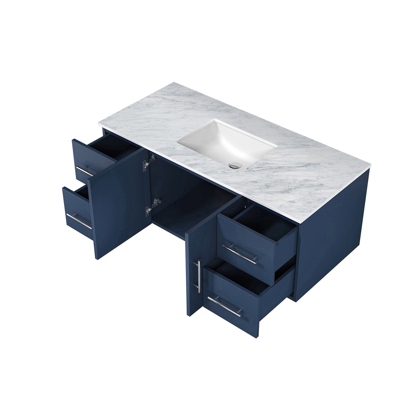 Geneva 48" Navy Blue Single Vanity, White Carrara Marble Top, White Square Sink and no Mirror