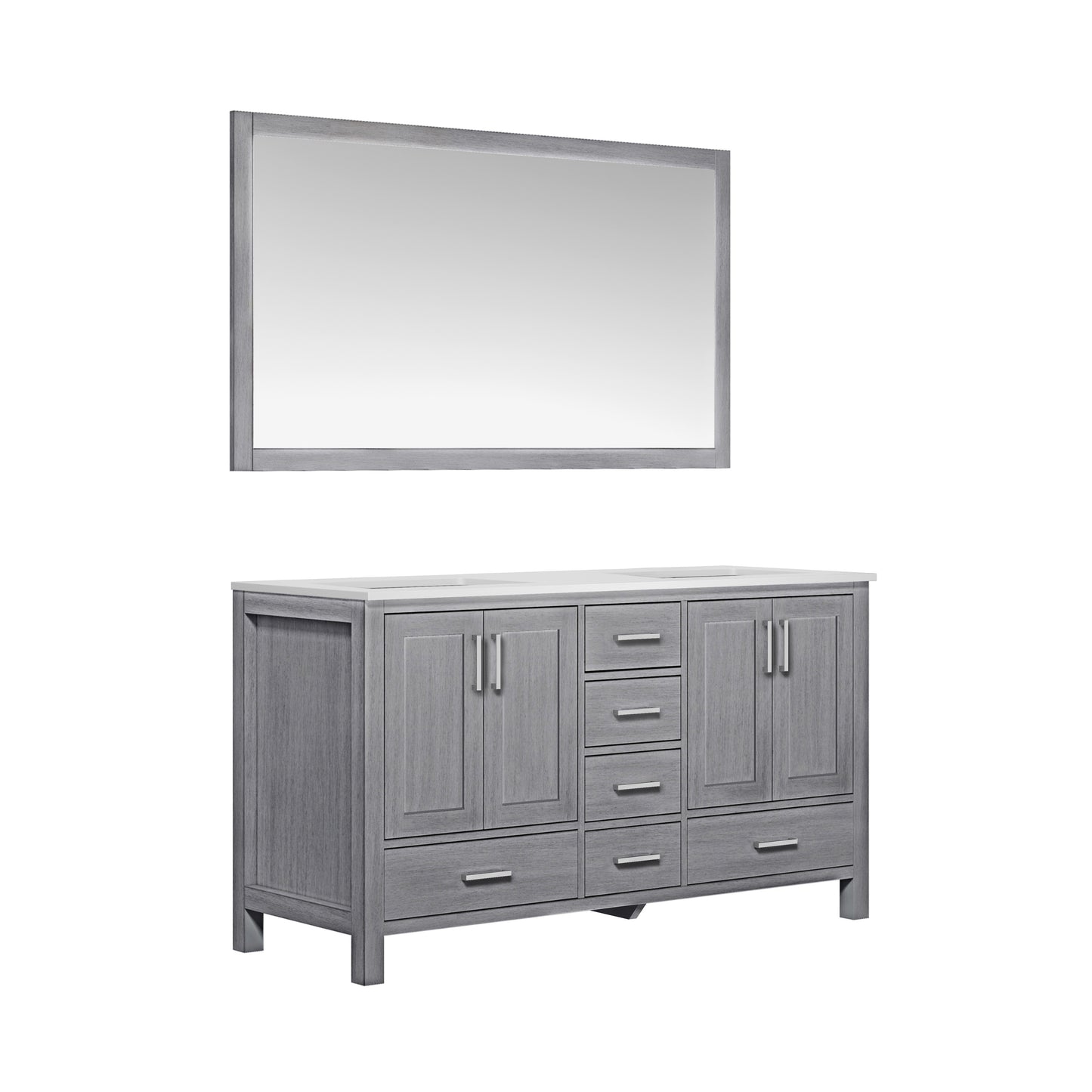 Jacques 60" Distressed Grey Double Vanity, White Quartz Top, White Square Sinks and 58" Mirror w/ Faucets