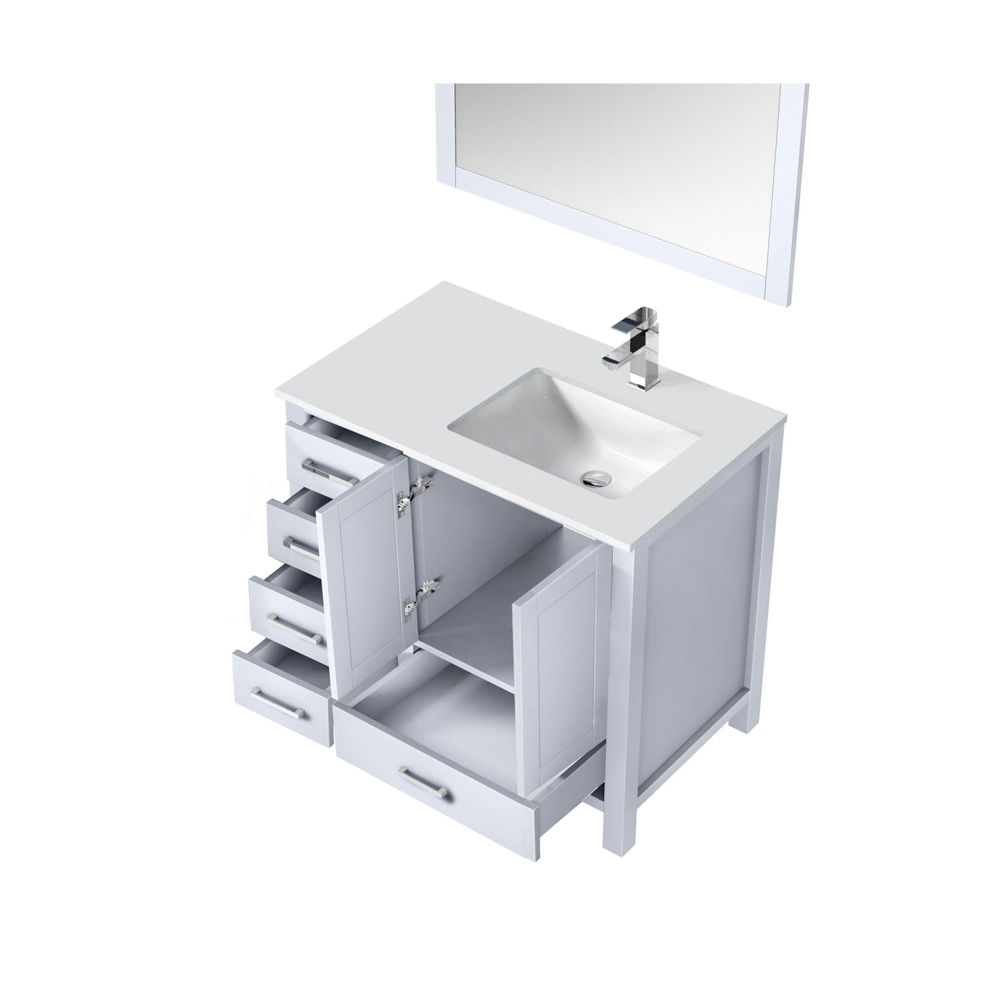 Jacques 36" White Single Vanity, White Quartz Top, White Square Sink and 34" Mirror w/ Faucet - Left Version