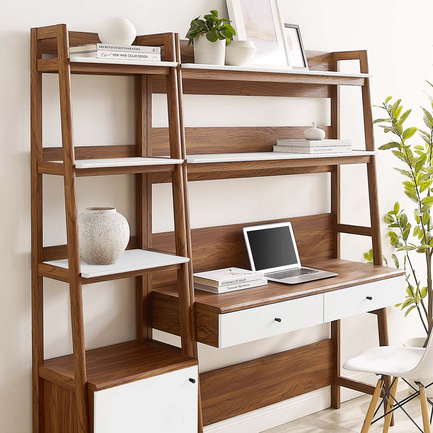 Modway 2-Piece Home Office Desk and Bookshelf Display Case in Walnut White