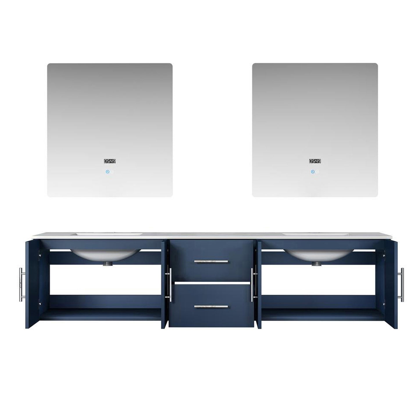 Geneva 80" Navy Blue Double Vanity, White Carrara Marble Top, White Square Sinks and 30" LED Mirrors