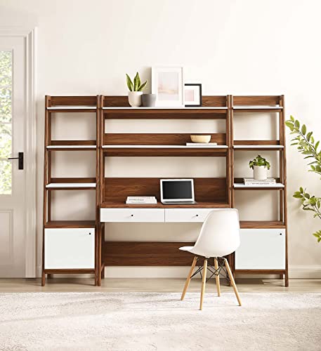 Modway 3-Piece Home Office Desk and Bookshelf Display Case in Walnut White