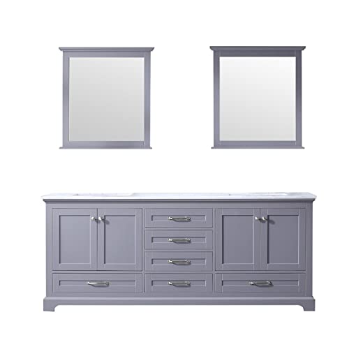 Lexora Dukes 80-inch Dark Grey Double Vanity, White Carrara Marble Top, White Square Sinks and 30-inch Mirrors