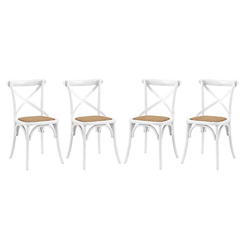 Modern Farmhouse Cross Back Solid Elm Wood Dining Side Chair with Rattan Seat